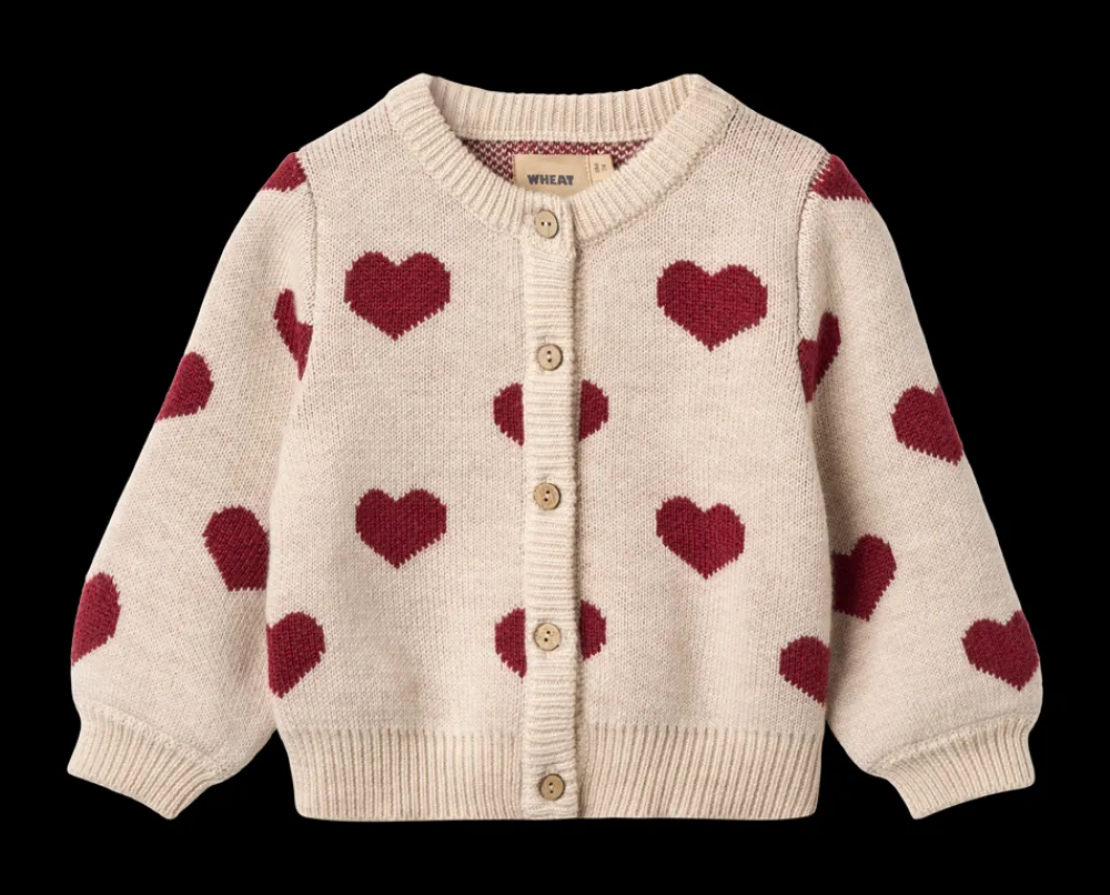 Wheat Jacquard Hearts Baby Cardigan, , 92 cm-Børn Cardigans